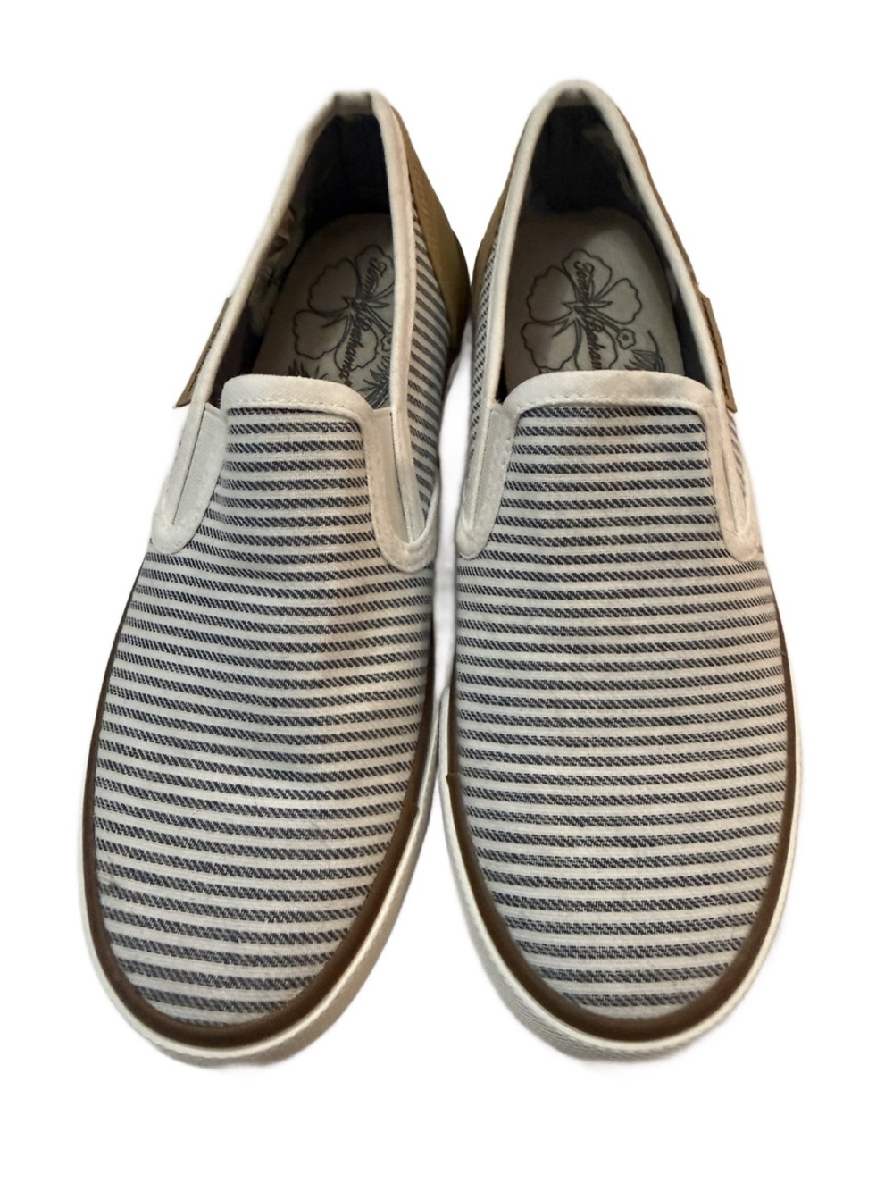 Tommy Bahama Ladies Slip-On Canvas Sneakers in White and Gray Stripe. 7